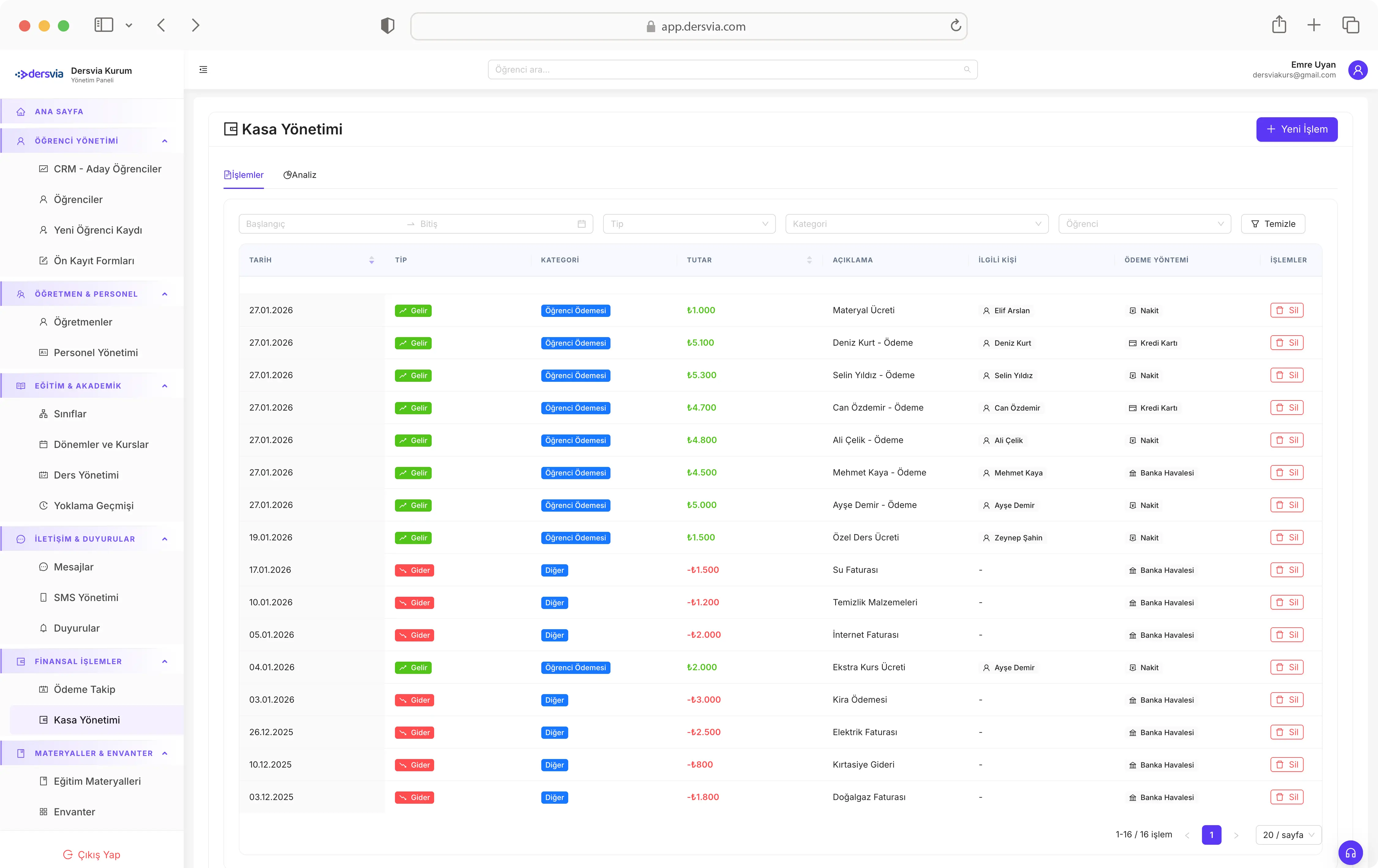 Kurs Takip Sistemi - Kasa ve Finans